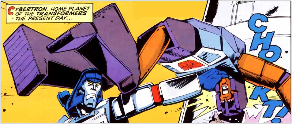 Megatron beats a generic Autobot into submission.