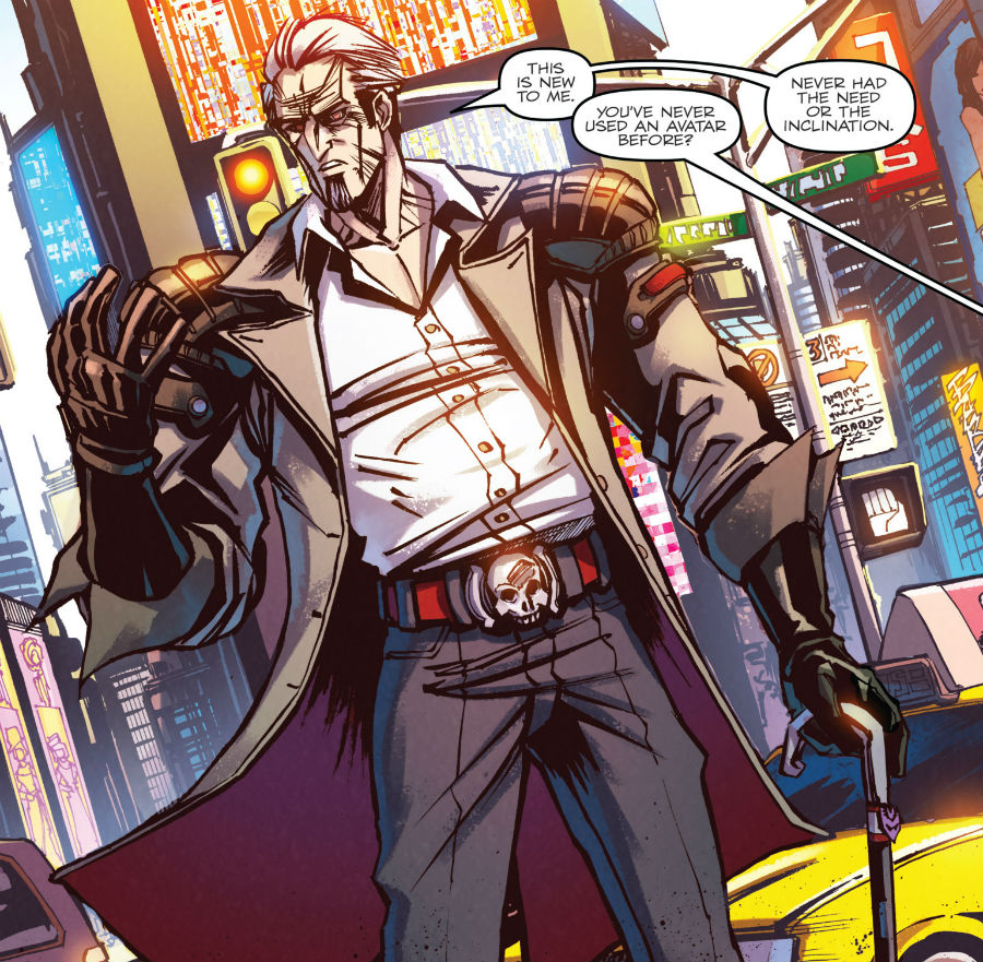 Megatron—Elderly white man resembling a retired super-villain, with a scarred and lined face resembling the Decepticon insignia. Wears a long coat and a skull belt buckle (and initially carried a Decepticon insignia cane). The One Where They Go to Earth