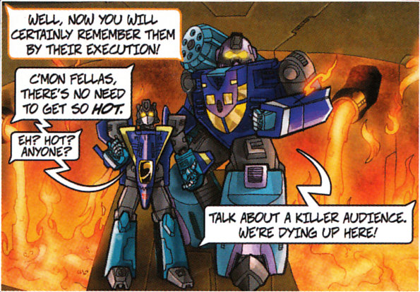 Shattered Glass Dreadwind and Darkwind are about to get tossed into the Autobots' smelting pool in Around Cybertron #5.
