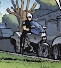 Groove—White police officer in black uniform with a white helmet, riding Groove's motorcycle mode. Police Action Part 2: Only Forward