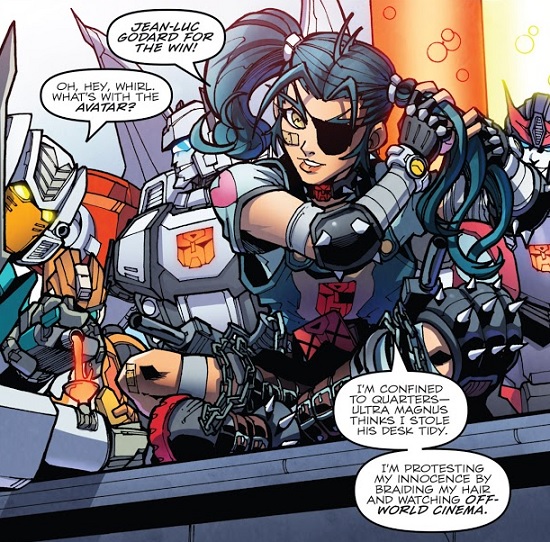 Whirl's later avatar is a teenaged punk version of the former, adding twin-pronged eyebrows, studded fingerless gloves, spiky arm- and knee-pads, combat boots, and chains. Wears a watch on each wrist (aww). Predestination: A Beginner's Guide