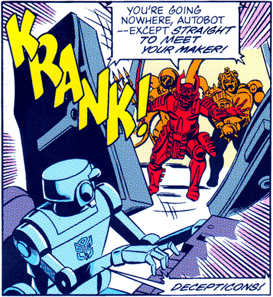 This Autobot...scientist? is operating the trans-time dimensional portal. He's beheaded by Bludgeon in the next panel.