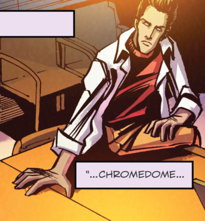 Chromedome—Young, gangly white man with blond hair, wearing a red sweater, khaki pants, and a white overshirt. The One Where They Go to Earth