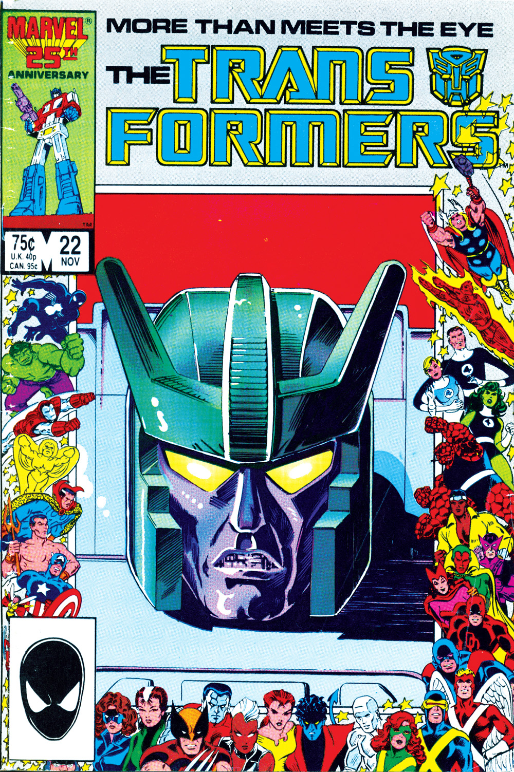 One of the few instances where the "external property" element (in this case Marvel's 25th Anniversary frame) actually appears on a Transformers cover itself.