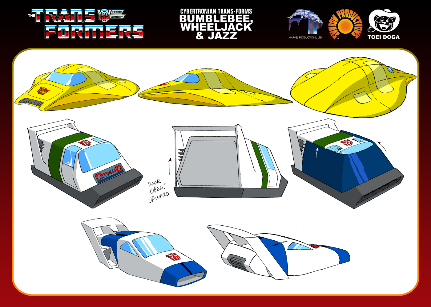 Bumblebee, Wheeljack, and Jazz's Cybertronian alt-modes.