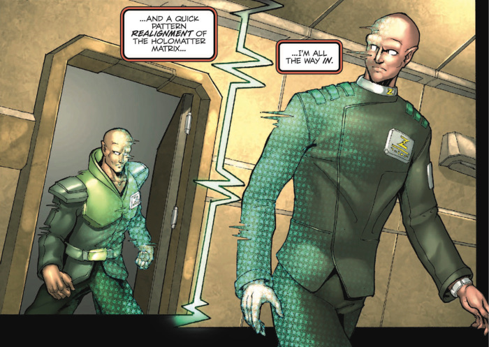 Ultra Magnus infiltrates the Zarak Consortium building by replicating at least four of its employees, all of whom are peach-skinned, white-eyed Nebulans. They include an armoured security guard, a besuited director of marketing, a man in a HAZMAT suit, and a scientist in a white labcoat. Spotlight: Ultra Magnus