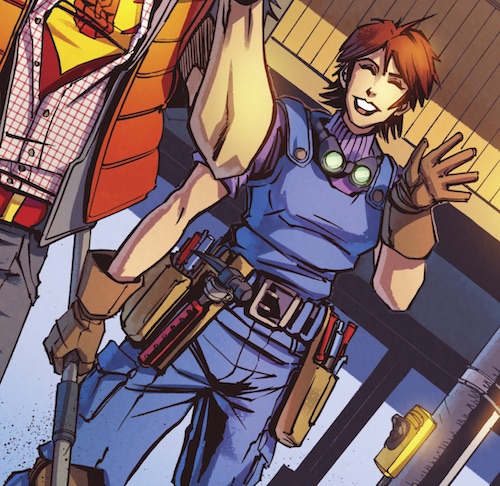Nautica—White woman with short, auburn hair, wearing a purple turtleneck and a mechanic's overalls, equipped with a tool belt and googles around her neck. The One Where They Go to Earth
