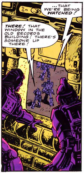 Two generic Transformers, block-colored in purple, try to hide from the Avon lady.