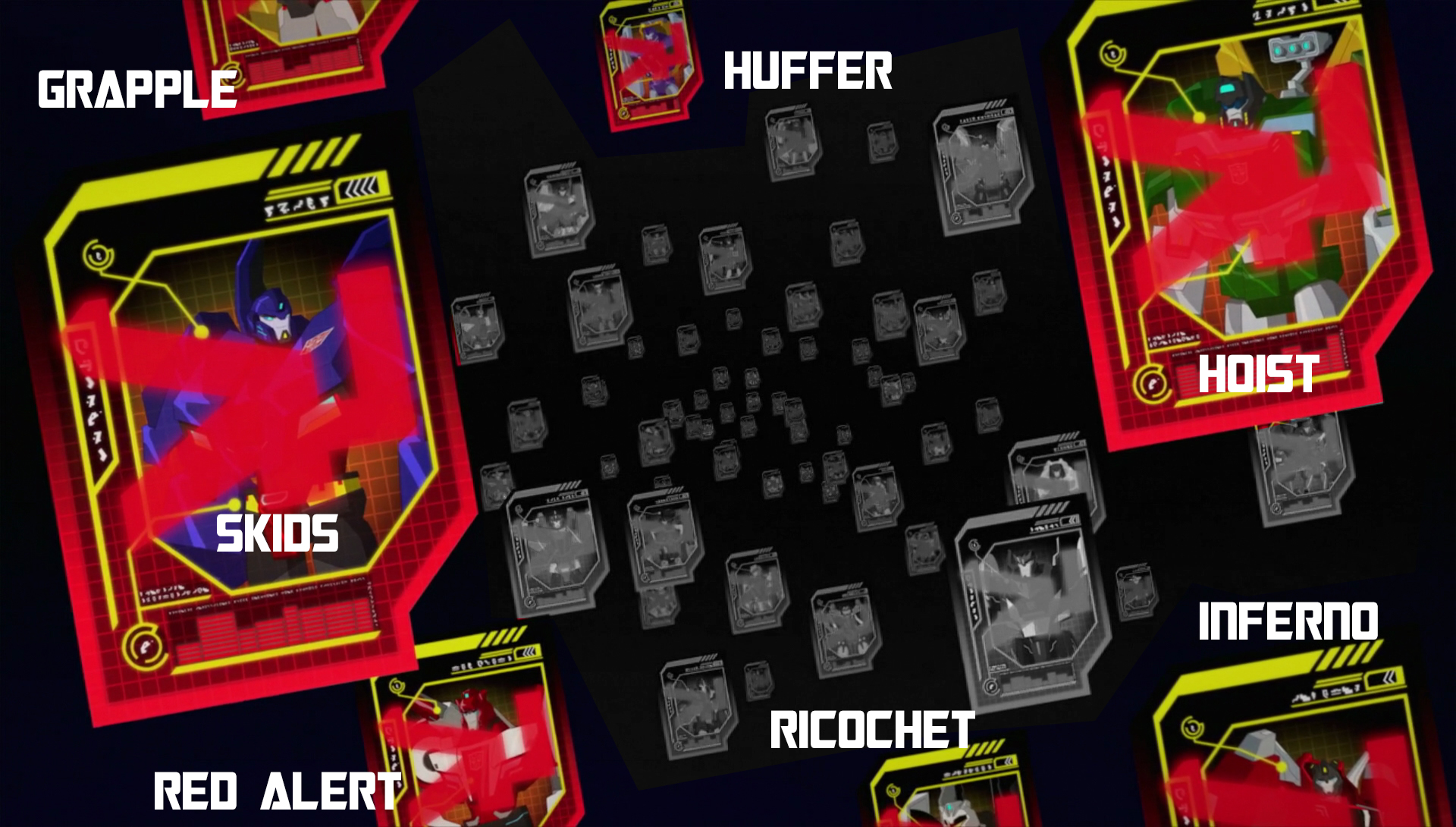 Skids, Grapple, Huffer, Hoist, Inferno, Ricochet, and Red Alert