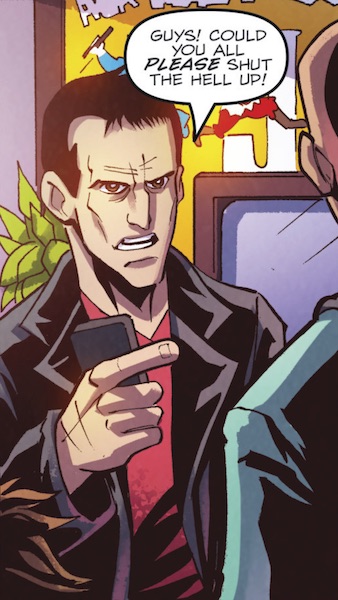 Christopher Eccleston}}]] as the Ninth Doctor: a gaunt, middle-aged white man with close-cropped black hair and prominent ears and nose. Wears a leather jacket, a red V-neck top, and jeans. The One Where They Go to Earth