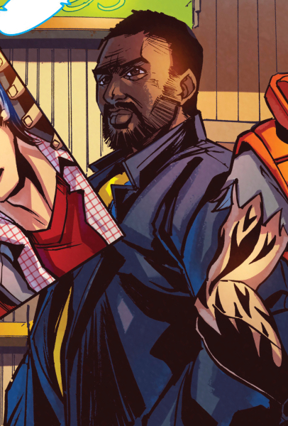 Luther (TV series)}}]], a handsome, bearded black man, wearing a dark trenchcoat, blue shirt, and yellow tie. The One Where They Go to Earth
