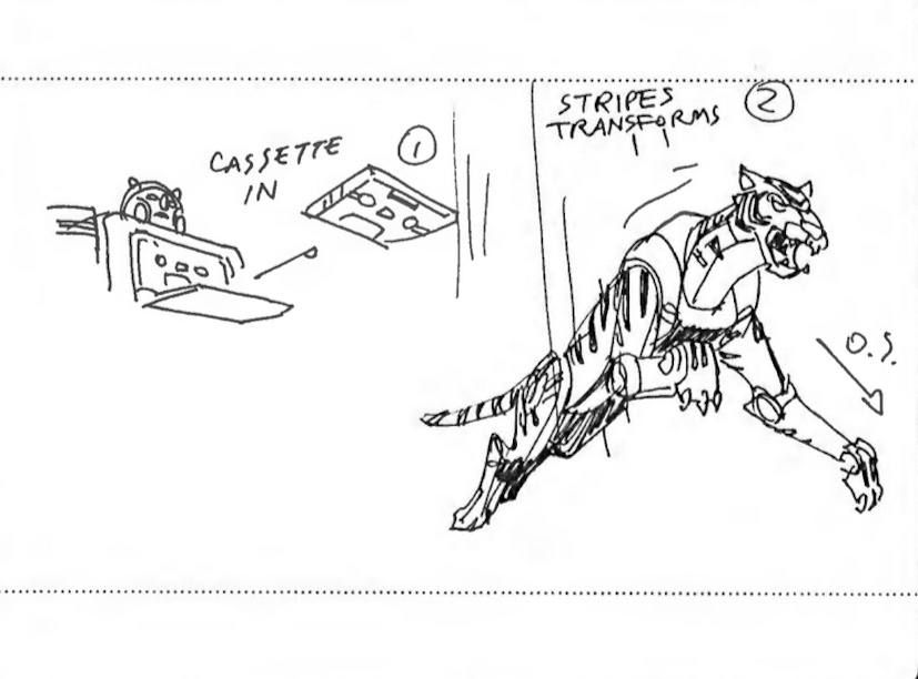 Early storyboard featuring the cassettes, likely based solely on the script as none of them resemble the prototypes. Stripes