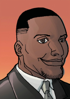 Jazz—Young black male with a close-cropped fade and a thin chin goatee. Wears a black suit and grey tie. Infiltration et al