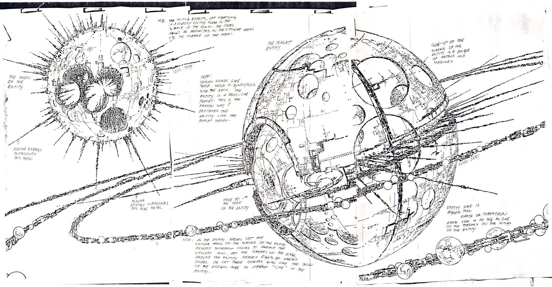 Note the 'Moon of the Entity' and the 'hole to the core of the Entity', two features which only exist in this draft. This draft also explains the horizontal orientation of the rings, as Unicron's "horns" are not yet used as planet impaling mandibles.