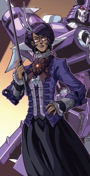 Cyclonus—Stern, handsome woman of Middle Eastern or South Asian descent, dressed like a Victorian school teacher in various shades of purple. Features a hair accessory that evokes his horns. The One Where They Go to Earth