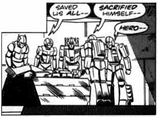 A squad of generic Autobots mourn their fallen comrade.
