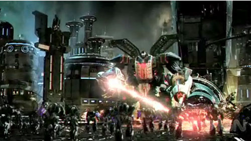 Omega Supreme attacks a platoon of Decepticons.