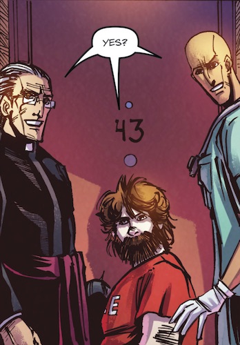 Swearth's inhabitants included a trio of wacky room-mates: priest Ted, dermatologist Sheldon, and schlubby comedian Jerry–each of whom represented a facet of Swerve's personality, with their infighting representing his self-loathing. The One Where They Go to Earth