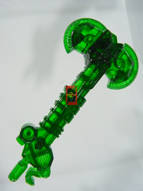Clear Green Energy Axe TV Magazine "Transformers Fan Club", with "Clear Deep Blue Energy Spear"