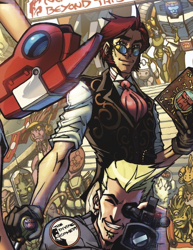Later, Rung appears as a short, thin, red-haired white man in a dark, patterned waistcoat, a wingtip-collared shirt with rolled up sleeves, a salmon cravat, tan trousers, and gloves. Wears steampunk-ish spectacles, and sometimes a brown overcoat. The One Where They Go to Earth