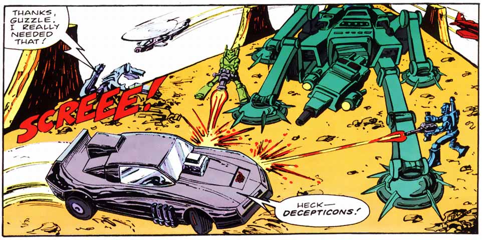 The Duocons attack, backed up by generic Decepticon troops and a giant green battle station, akin to a Star Wars AT-AT. It's possible that the battle station itself is also a Transformer.