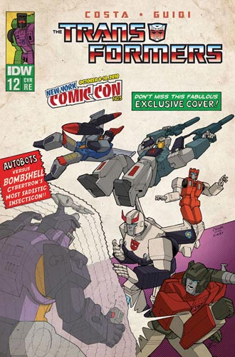 The New York Comic-Con exclusive cover of IDW's The Transformers #12, in which Sideswipe throws the most awkward punch ever, and First Aid pets invisible dogs.