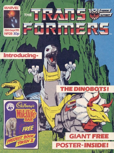 UK issue #28 - "We'll defeat Shockwave with the Dinobots. And a free poster. And an elephant."