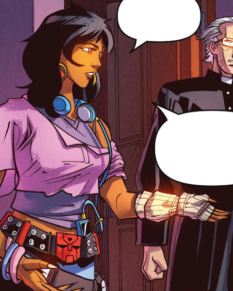 Bluestreak—An ambiguously brown young woman in fashionably ripped, pink/purple clothes. Wears hoop earrings, a studded belt with Autobot belt buckle, and a blue MP3 player with headphones. The One Where They Go to Earth