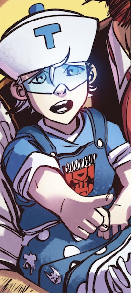 Tailgate's later avatar is a pale female toddler with white hair, wearing a dungaree dress, long socks, and Mary Janes. The "T" hat now better resembles a sailor cap, and a blue visor hangs down beneath it. The One Where They Go to Earth