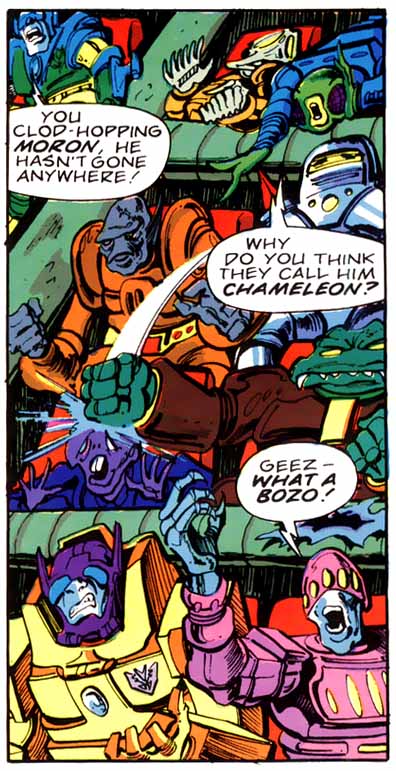 Some bizarre aliens and a marvellous generic Decepticon berate Hooligan.