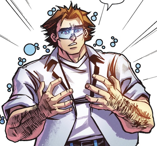 After becoming aware of his predicament, Swerve's three avatars recombined into a more conventional representation of Swerve, now with longish, swept back hair, a white V-neck Tee, a light grey, unbuttoned shirt, and jorts. The One Where They Go to Earth