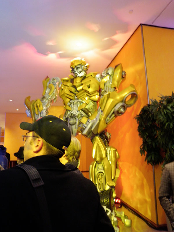Once let inside for check-in, Bumblebee stands guard