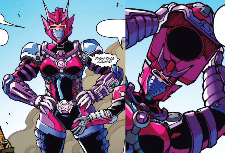 Spinister—"Dennis 'Suds' Taylor", a towering female M.A.S.K. agent in armour resembling Spinister. Underneath is another helmet, showing a total lack of imagination is not such a bad thing after all. Nothing Will Ever Be the Same Again!