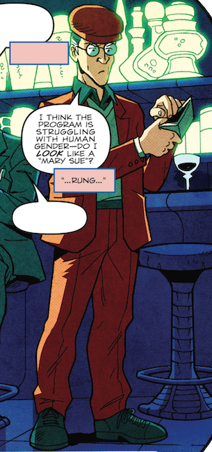 Rung—A tall, thin, bespectacled white nebbish with graying hair, wearing a green sweater vest, dark shirt, and an orange formal suit and cap. Cybertronian Homesick Blues