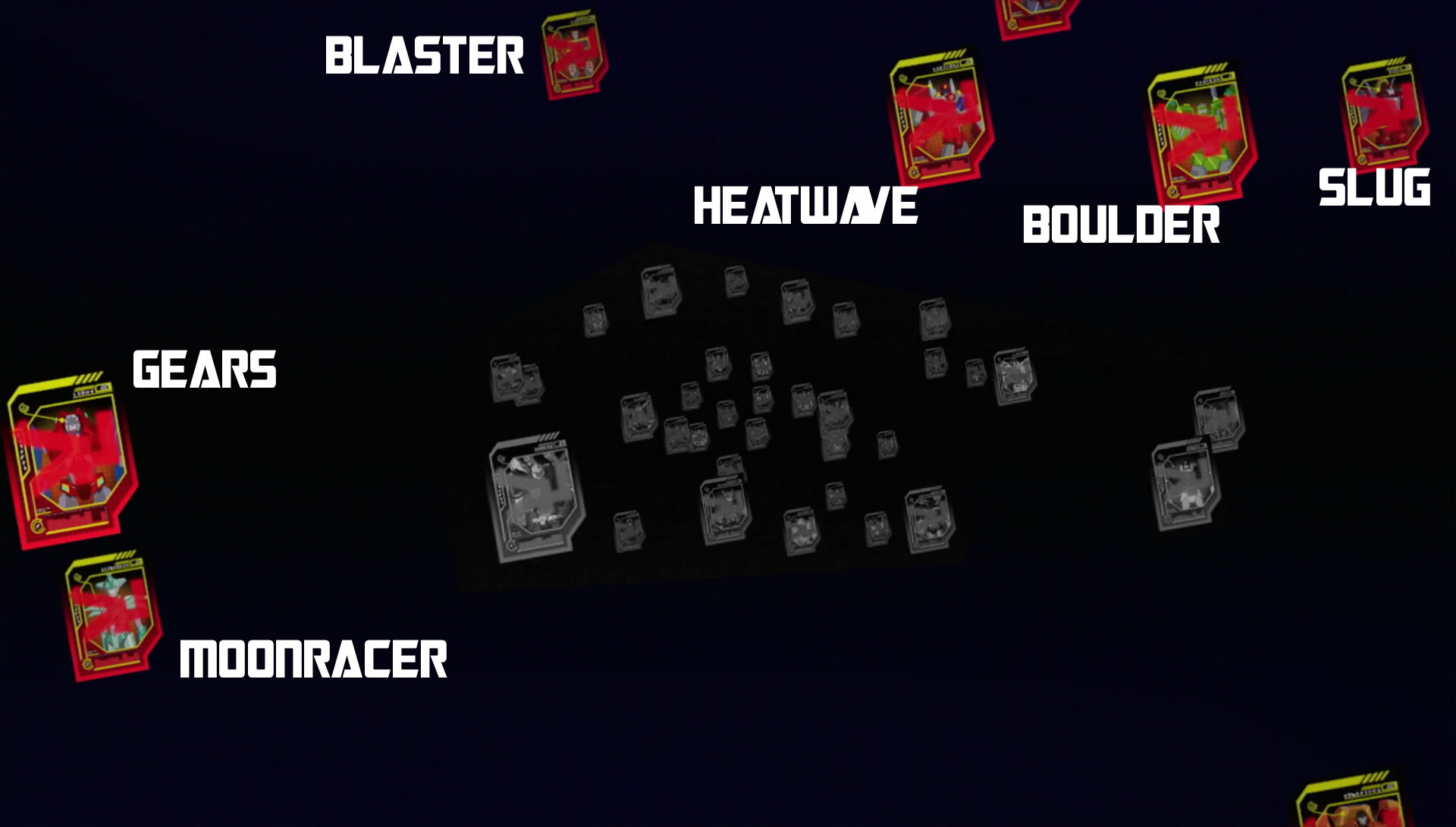Gears, Moonracer, Blaster, Heatwave, Boulder, and Slug